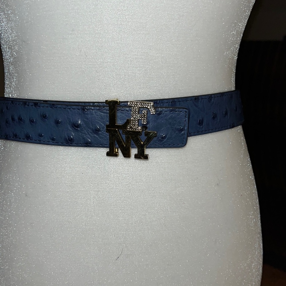 Le Fash Equestrian Belt Ostrich embossed Navy Blue Large gold Rhinestone Buckle